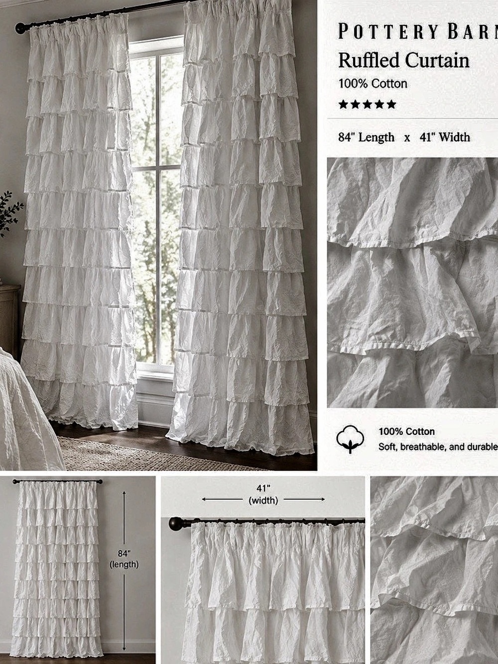 Pottery Barn Kids Tiered Ruffle 2 Panel White Cotton Curtain